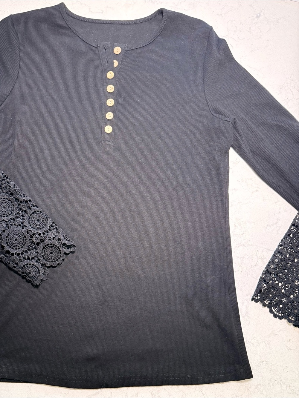 Amazon Black Lace-Cuff Henley Long Sleeve Tee